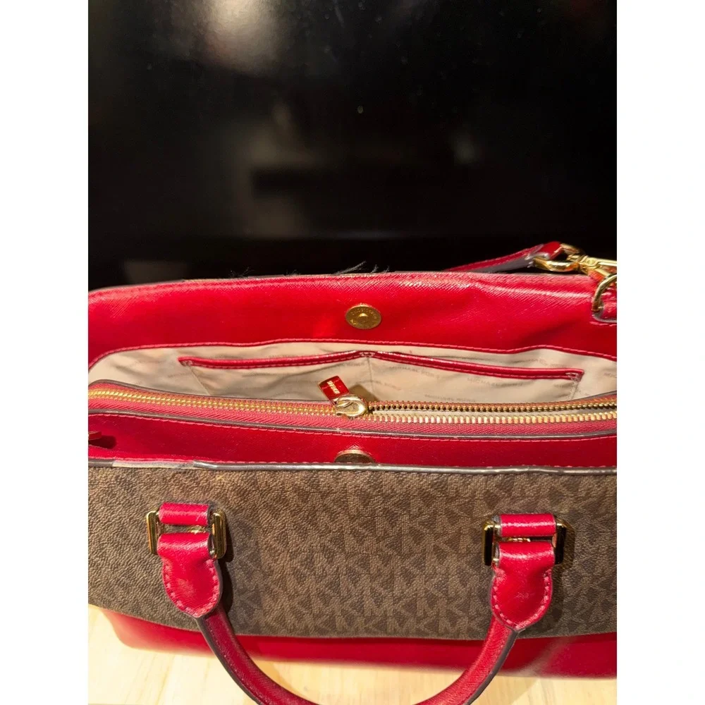 Michael Kors Handbag Tote Brown Signature‎ Red Leather Convertible Strap